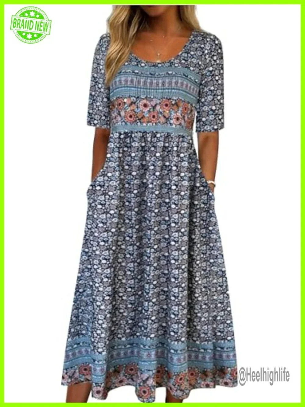 Boho Floral Maxi Dress with Pockets Short Sleeve A-Line Summer Casual Sundress